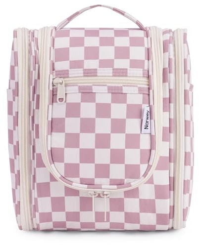 Narwey Klein Kariert Kulturbeutel Damen & Kulturbeutel Herren - Kinder Kulturtasche Zum Aufhängen & Männer Kosmetiktasche - Waschtasche für Frauen & Mädchen (Kariert Staubrosa (Klein))