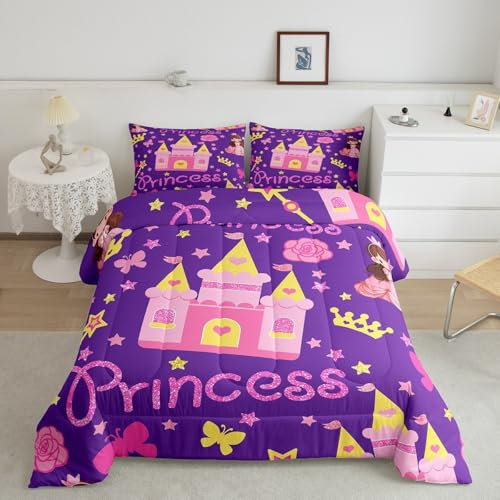 Dreamy Princess Castle 3-teiliges Queen-Size-Bettdecken-Set, Mädchen, Burg, Sterne, Mädchen, Krone, Daunen, Alternative, Erwachsenen-Raumdekoration, Schmetterlings-Blumenmuster, ultraweiche