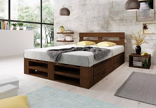 Lermowood Palettenbett M2 aus Holz 160 x 200 cm Palisander mit Kopfteil und 2 Bettkästen Holzbett 40cm Stabiles Seniorenbett Kinderbett Jugendbett Gästebett erhöhtes Bettgestell Futonbett Komforthöhe