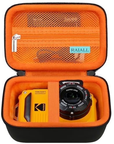 RAIALL Carrying Case for Kodak PIXPRO WPZ2 Rugged Waterproof Digital Camera, Underwater Photography Camera Hard Travel Bag, Mesh Pocket for Battery, USB Cable and SD Card, Black+Orange