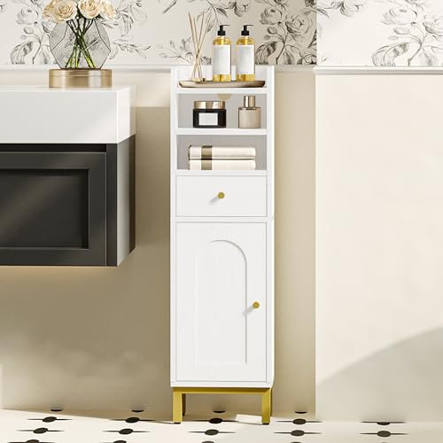 Hzuaneri Meuble de Salle de Bain, Meuble de Rangement avec Tiroirs et Portes, Organisateur de Rangement, Armoire Étroit pour Papier Toilette, Armoire d’Angle avec Étagères Réglables, Blanc BC29813G