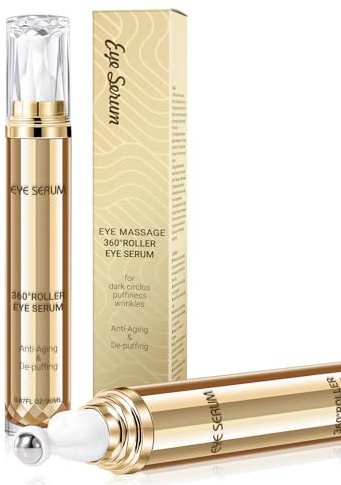 Koffein-Augenserum, Hyaluronsäure-Augencreme Gegen Augenringe und Schwellungen, Augenpflege, Anti-Aging-Augenserum mit 360°-Massageball, Reduziert Tränensäcke, Fältchen und Feine Linien 20ML