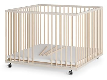 Sämann Laufstall Baby mit 3 Schlupfsprossen | TÜV geprüft | stufenlos höhenverstellbar | Laufgitter Premium | Babybett aus Holz | Krabbelgitter (sahara dust/natur, 100x100 cm)
