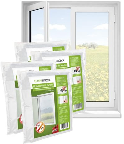 EASYmaxx Fliegengitter Fenster | Moskitonetz, Montage ohne Bohren | zuschneidbarer Insektenschutz Fenster bis 130 x 150 cm | Mückenschutz | Fliegennetz Klettband selbstklebend [4 Stück]