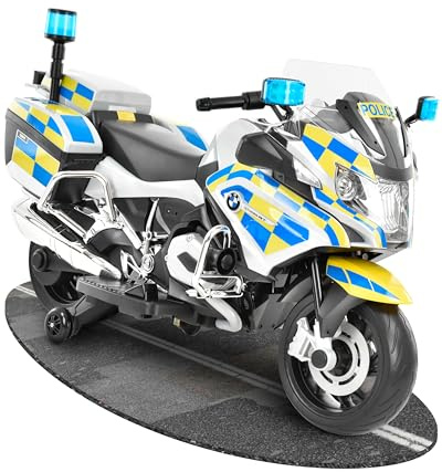 HECHT Polizei Elektro Motorrad BMW Design ab 3 Jahre | 35 W Motor, 3-6 km/h, Blaulicht, Sirene, Radio, Stützräder, 2 Seitenkoffer, Spielzeug bis 30 kg