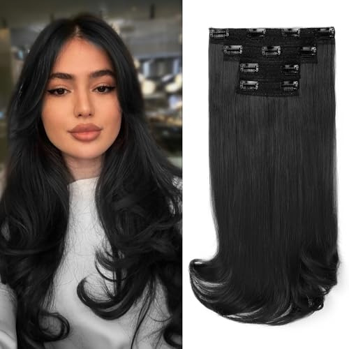 REECHO Clip-in Extensions - 4PC Hair Extensions Clip in Haarverlängerungen 40 cm, Layer-Cut, natürlich aussehende Haarteile mit unsichtbarem weichem Tressenband - Schwarz
