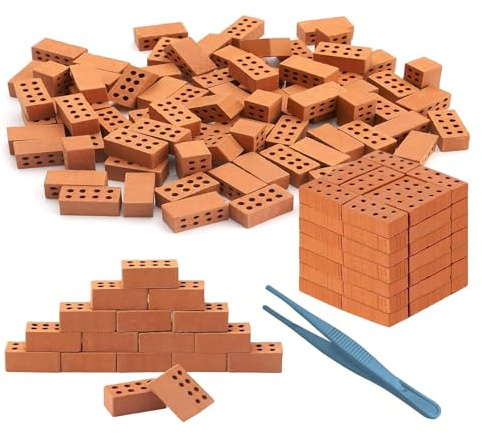 100 Mini Ziegelsteine zum Mauern, Mini Simulation Ziegel Rot,MiniModellbau Bricks Set,Miniatur Ziegelsteine mit 8 Löchern für DIY Puppenhaus Fairy Garten Deko 2 x 1 x 0.5cm(Mit einer Pinzette)