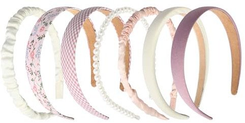 Set da 7 Pezzi Cerchietto Capelli Donna, Versatile Cerchietti Bambina Fresco Ed Elegante, Cerchietti per Capelli Donna Perlato Scozzese Floreale Tinta Unita per Tutte Le Stagioni (B Rosa, 1)