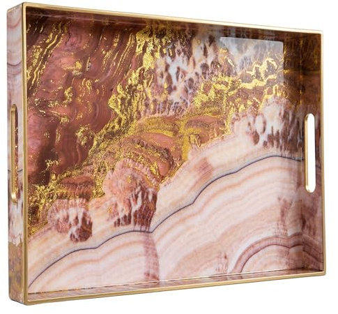 Heaven4you Luxury Elegant Decorative Rectangular Serving Tray with Handles – Gloss Finish, Gold Trim – For Coffee Table, Vanity, Kitchen or Ottoman – Multiple Designs 40x30x4cm (Yellow Marbled)