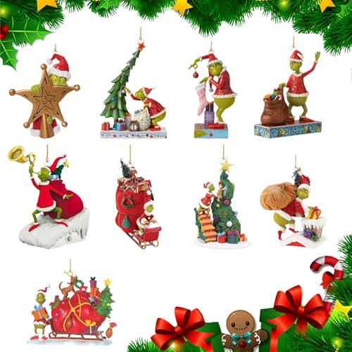 KLINNA 9 Stück Christbaumschmuck aus Acryl, Lustige Grüne Hängende Ornament als Einzigartige Weihnachtsbaum Deko, Flache Weihnachtsdekorationen für Zuhause, Flur & Partys