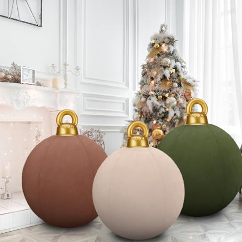 Aufblasbare Samt Weihnachtskugel Groß 60cm, 3 Stück Weihnachtskugeln aus PVC mit Flockbeschichtung, Weihnachtsdekorationen, für Hof Rasen Veranda Garten Haustür (Brown Green Khaki)