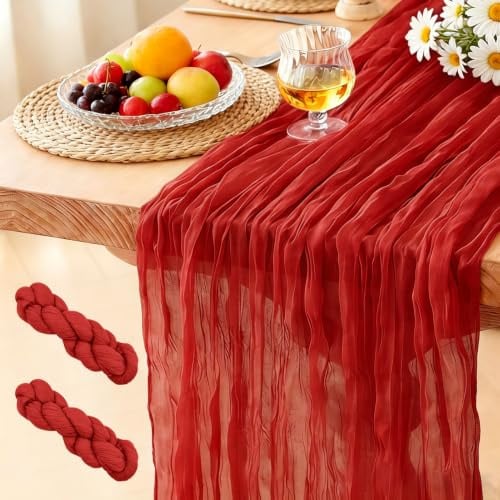 (2 Stück) Käsetuch Tischläufer Rot, 300 x 90 cm Boho Gaze Tischläufer Cheesecloth Läufer für Hochzeit, Geburtstagsfeiern, Babypartys, Weihnachten und Silvester von Tisch Dekoration