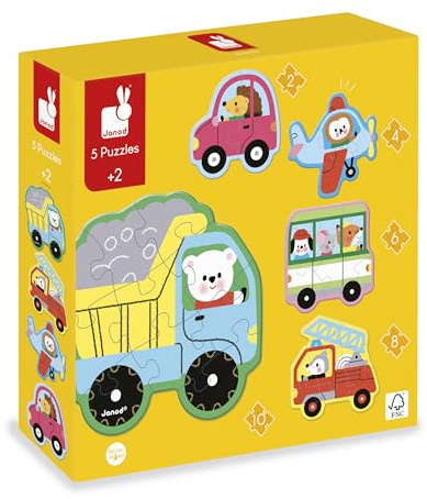 Janod – 5 Progressive Puzzles Fahrzeuge – Kinderpuzzle von 2 bis 10 Teilen – Fördert Logik und Feinmotorik – Lernspiel ab 24 Monaten