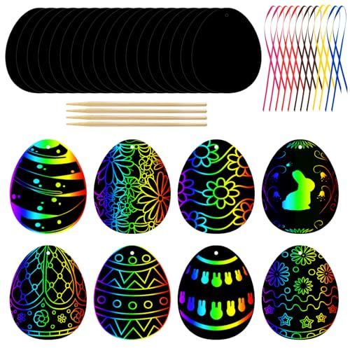 12 Stück Ostern Kratzbilder und Rubbelbilder, Zauber Regenbogen Kratzpapier Rubbelpapier Bastelset, Kratzbild für Kinder als Ostergeschenk und Deko