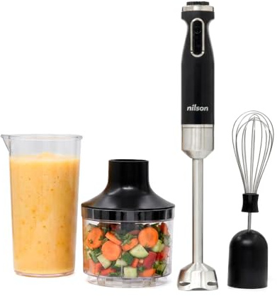 Nilson Life Batidora de Mano, 1000 W Potencia Máxima, Cuchillas con 4 Aspas, Mezcla, Tritura, Pica y Emulsiona, Múltiples Velocidades, Control Manual, Función Turbo, Vaso 0,6 L, NHB10003AP, Cable 1 M