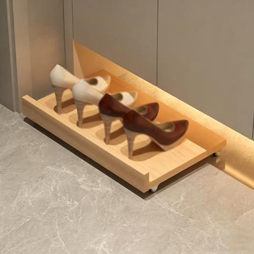 Zapatero extraíble de madera maciza, 40-80 cm de longitud, empujar para abrir o quitar, bandeja deslizante para armario de entrada, cajón de dedos para espacio inferior del armario, natural/blanco