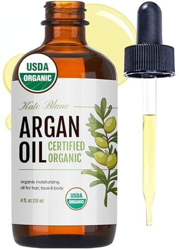 Moroccan Argan Oil, USDA Certified Organic, Virgin, 100% Pure, Cold Pressed by Kate Blanc. Stimulate Growth for Dry and Damaged Hair. Skin Moisturizer. Nails Protector. 1-Year Guarantee. (Light 4oz)