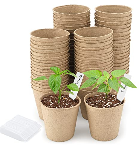 KINGLAKE 100 Pièces 8CM Pot de Culture pour Semis, Peti Pot pour Plantation, Godets de Rempotage, avec 100 5x1 cm Etiquette Plante - pour Jardin, Potager, Serre