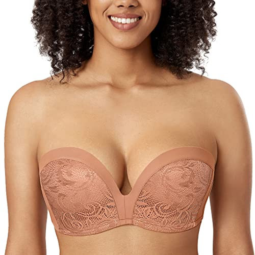 Delimira Women's Strapless Bra Padded Push Up Underwired Support Lift Plus Size Lace Bandeau Bra Sun Kissed 38C
