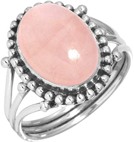 Jeweloporium Bague en argent sterling 925 avec quartz rose, taille 62, pour femme, bijou artisanal en pierres précieuses ovales