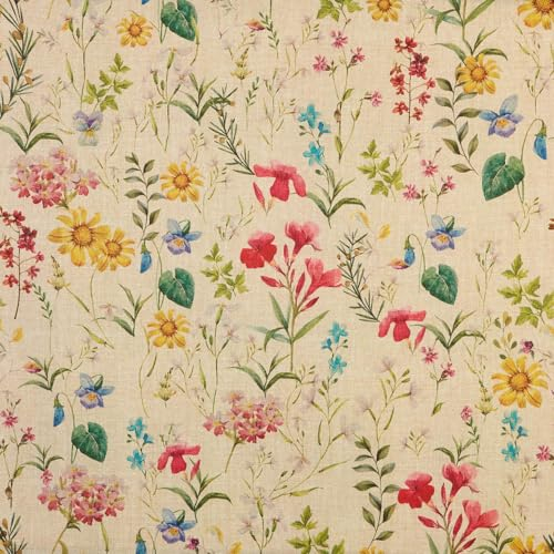 Kt KILOtela - Stoff Meterware aus Leinen, digital bedruckt, Half Panama, 100% Baumwolle, Breite: 280 cm, Länge wählbar von 50 in 50 cm, Blumengarten, mehrfarbig, beige