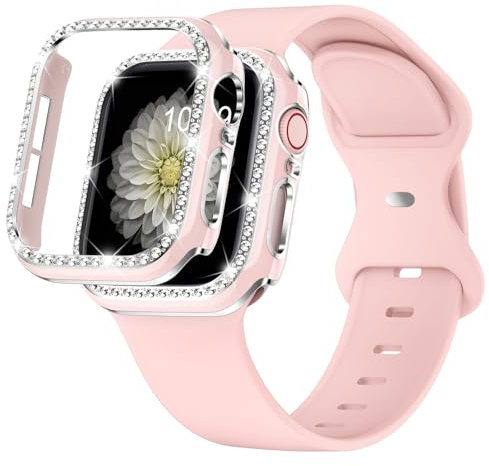 XYF - Cinturino di ricambio per Apple Watch 40 mm con bumper lucido serie 6 5 4 SE, da donna, in morbido silicone, regolabile, con custodia di ricambio, colore: Rosa (sabbia rosa, 40 mm)