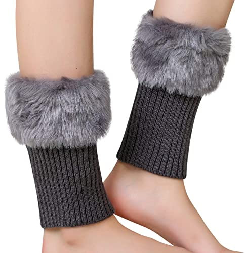 IBLUELOVER Women Girls Leg Warmers Warm Boot Cuffs Knitted Short Crochet Cover Thermal Faux Fur Boots Socks Toppers Knit Ankle Warmers, Gifts for Mothers Friends Birthday Xmas, Dark Grey, One Size