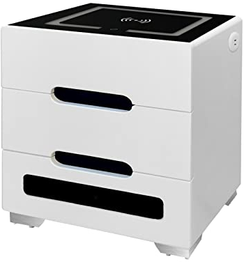 DWLOMHE Bedroom Smart Bedside Table, Smart Side Nightstand Table, with Wireless Charging and USB Ports & Dimmable Led Light, Bluetooth Speaker, White + Black Glass Table Top
