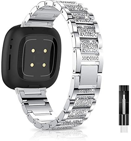Niboow Armband Kompatibel mit Fitbit Versa 3/Versa 4/Sense 2/ Sense, Damen Edelstahl Metall Diamant Strass Uhrenarmband Ersatzarmband Kompatibel mit Fitbit Versa 3/Versa 4/Sense 2/Sense - Silber