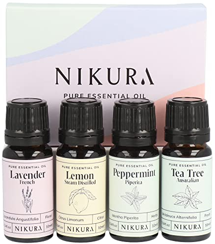 Nikura Best Sellers Essential Oil Gift Set - 4 x 10ml | for Aromatherapy, Diffusers for Home, Candle & Soap Making Scents, Oil Burners, Wax Melts | Lavender, Lemon, Peppermint & Tea Tree | Vegan & UK