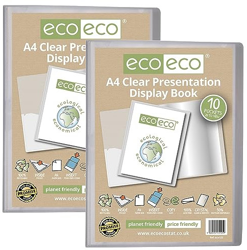 eco-eco Lot de 2 porte-vues transparents à 10 pochettes Format A4 50% recyclé avec pochettes en plastique Eco125 x 2