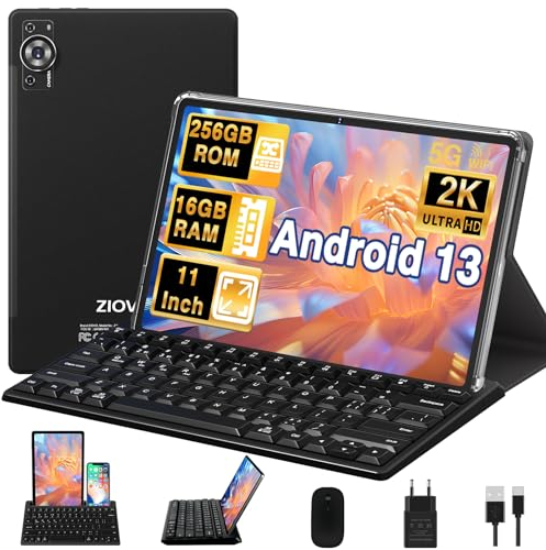 ZIOVO Tablette 11 Pouces Android 13 Tablette,16Go RAM+256Go ROM/TF 1To, 2K Écran Octa-Core 2.0GHz,5G WiFi/2000 * 1200/ 8600mAh/13+5MP/GMS/Couvercle métallique,Tablette avec Clavier et Souris - Noir