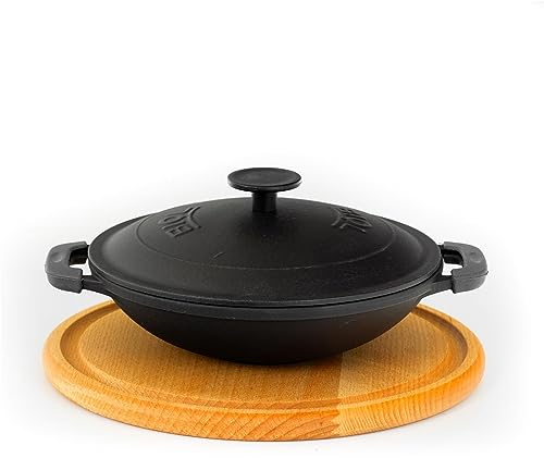 Servierpfanne 22 cm aus Gusseisen emailliert Wok-Pfanne mit Holzbrett Bratpfanne mit Ständer, für Fajitas, BBQ, Omelette, Tapas und Desserts Gusswok mit Holzuntersetzer