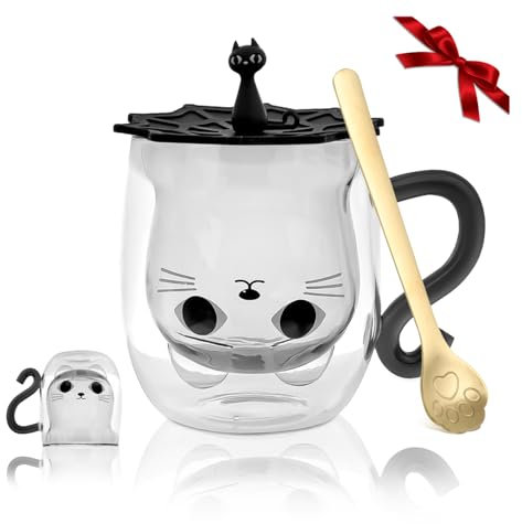 Yuragim Katzen Tasse Doppelwandige Kaffeetasse Süße Tassen mit Henkel, 300ml Kaffeeglas Katzentasse Gläser Espressotassen, Geschenke für Frauen Katzenliebhaber Lehrer Geburtstag Valentinstag Muttertag
