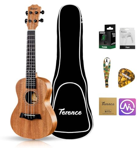 TERENCE Ukulélé soprano en acajou de 23 pouces pour débutants professionnels adultes ukulélé kit avec accordeur, capodastre, sac de rangement, sangle, médiators, corde en nylon et chiffon