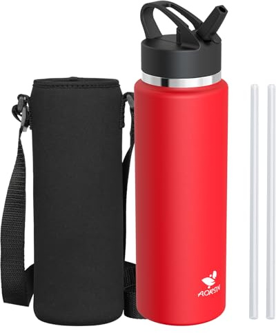 AORIN Trinkflasche Edelstahl, 1000ml Auslaufsichere Wasserflasche mit Strohhalm, BPA-Frei Trinkflasche Kinder, Vakuumisolierte Thermoskanne für Sport, Schule, Fitness, Outdoor