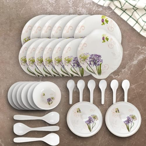 Four Leaf Dine Smart Melamine 32 Pieces Dinner Set Heat-Resistant | Unbreakable & Durable | Shatter-Resistant | Light-Weight | BPA Free (Lavender)
