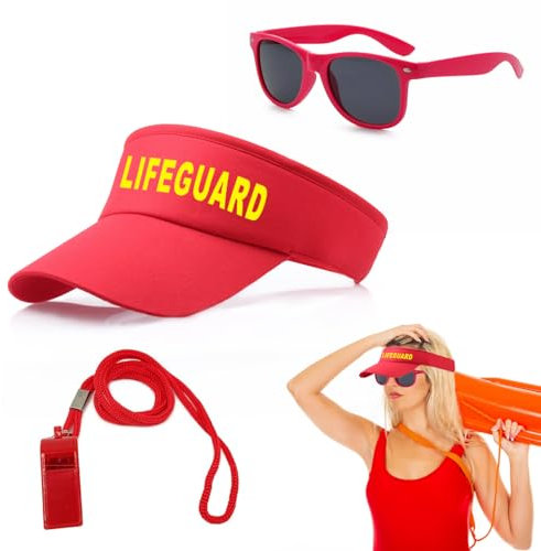 SSKHE 3-teiliges Set Rettungsschwimmer-Kostüm-Set,Rettungsschwimmerhut und Wachpfeife,Sonnenbrille,Rettungsschwimmer Zubehör,Rettungsschwimmer Zubehör für Erwachsene,Männer, Frauen