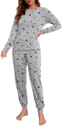 PrinStory Schlafanzug Damen Lang Pyjama Set Nachtwäsche Loungewear Rundhals Schlafanzugoberteile Und Schlafhosen Mit Taschen (Schwarzer Stern Grau, M)