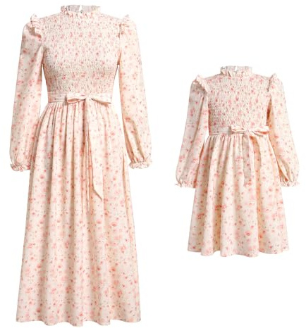 IDOPIP Mama und ich Kleider Boho Freizeitkleid Mutter Tochter Maxikleid Langarm Strandkleid Frauen Mädchen Herbstkleid Winter Familie Passendes Outfit Mommy and me Dress