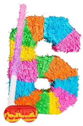 Nummer 6-Piñata-Set mit Stab und Augenbinde - Blauer Stick - Mexikaner Kinder Mädchen Jungen Geburtstagsfeier Parteien Spiele Dekorationen Bausatz - Von Fax Potato