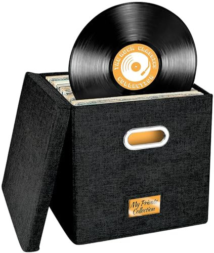 Aolawco 12-inch Vinyl Record Storage Box, Folding LP storage boxes Holds up to 80+ Single Records, CD Storage Case, Records Organizer for Albums, CDs, Passports - Black (Patented Design)