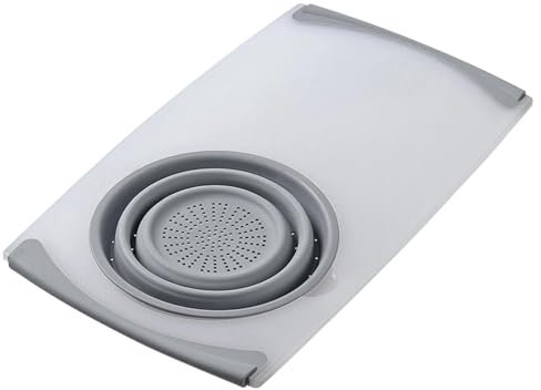 Tabla de cortar 2 en 1 para el fregadero, tabla de cortar con colador para el fregadero, colador de drenaje multifunción, tabla de cortar antideslizante y escurridor para cortar, lavar y escurrir