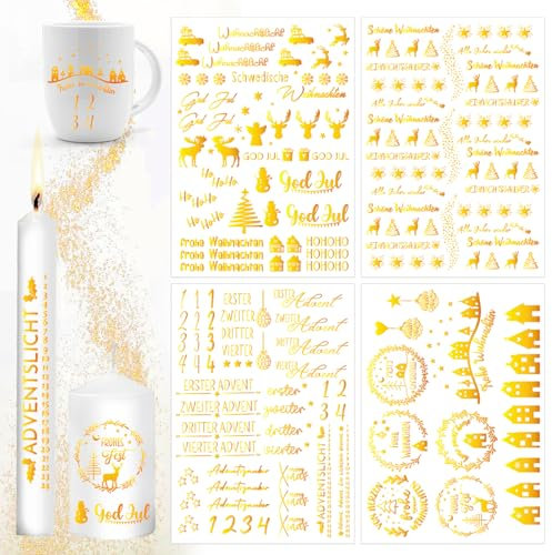 4 Stück Kerzentattoos Weihnachten, A5 Glitzer Gold Weihnachten Kerzen Tattoo, weihnachten kerzen folie, Kerzentattoos Wassertransferdruck, Kerzen Dekorieren, Kerzensprüche