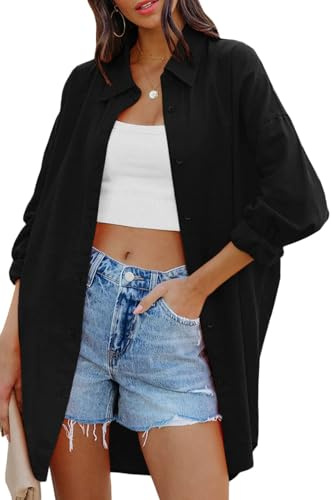 Cicy Bell Women's Blouse Oversized Cotton Shirts with Pockets | Long Sleeve, Button Down, Solid, Casual, Summer Basic Top