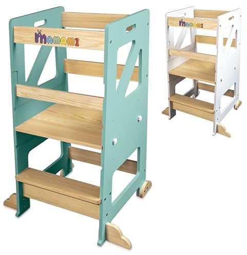 MAMAMI® Torre Montessoriana per Bambini, Torre di Apprendimento con Altezza Regolabile, Anti-Ribaltamento su tutti i lati, Antiscivolo, Resistente in Legno di Pino, 48x45x90 cm (Verde/Legno naturale)