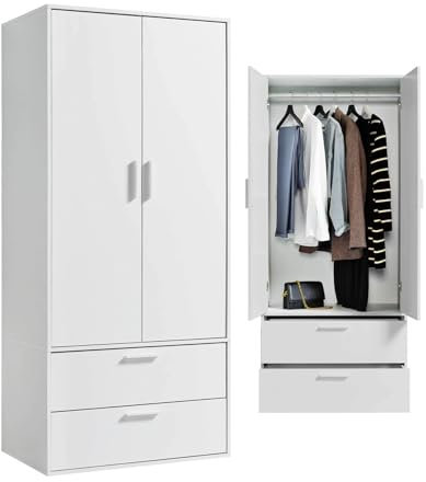 mokebo Kleiderschrank klein in Weiß 2-türig 'Der Kleiderheld, mit Zwei durchlaufenden Schubladen, Garderobenschrank, Flurschrank o. Schrank Holz in 80x180x51 (BxHxT)