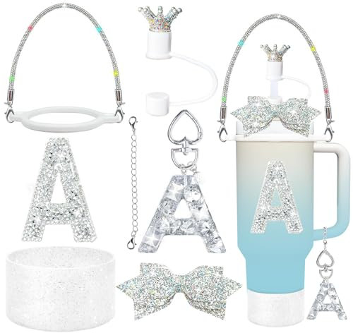 8Pcs Silvery Stanley Cup Accessories Set for Stanley Cup 30&40 Oz Tumbler, Silicone Straw Cover Cap and Boot, Handle Letter Charm, Bow Decoration Initial Sticker, Diamond Water Bottle Handle Strap (A)