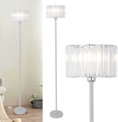 Rayofly Floor Lamps for Living Room, Chrome Floor Lamp with Glass Lampshade, Crystal Modern Standard Lamps Living Room, Silver Corner Floor Standing Lamp, Glass Tall Lamp for Bedroom, Office, Hallway