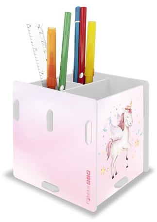 itenga Stifteköcher mit Motiv zum Zusammenstecken - 3 Fächer - Stiftehalter Kinder Schüler Schreibtisch Organizer Stiftebox - 10x 10 x 9,5cm (Motiv Einhorn Wasserfarben)